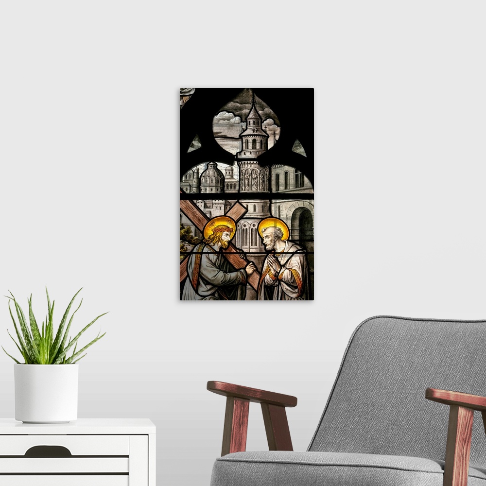 A modern room featuring Notre Dame de Beaune church stained glass window : Jesus and Saint Peter.