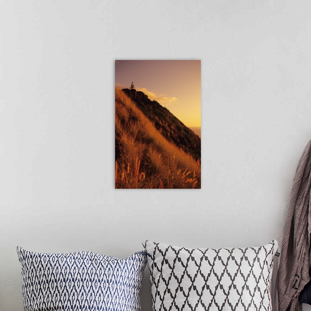 A bohemian room featuring Oahu, Lanikai, Mountain Biker At Top Of A Hill At Sunset