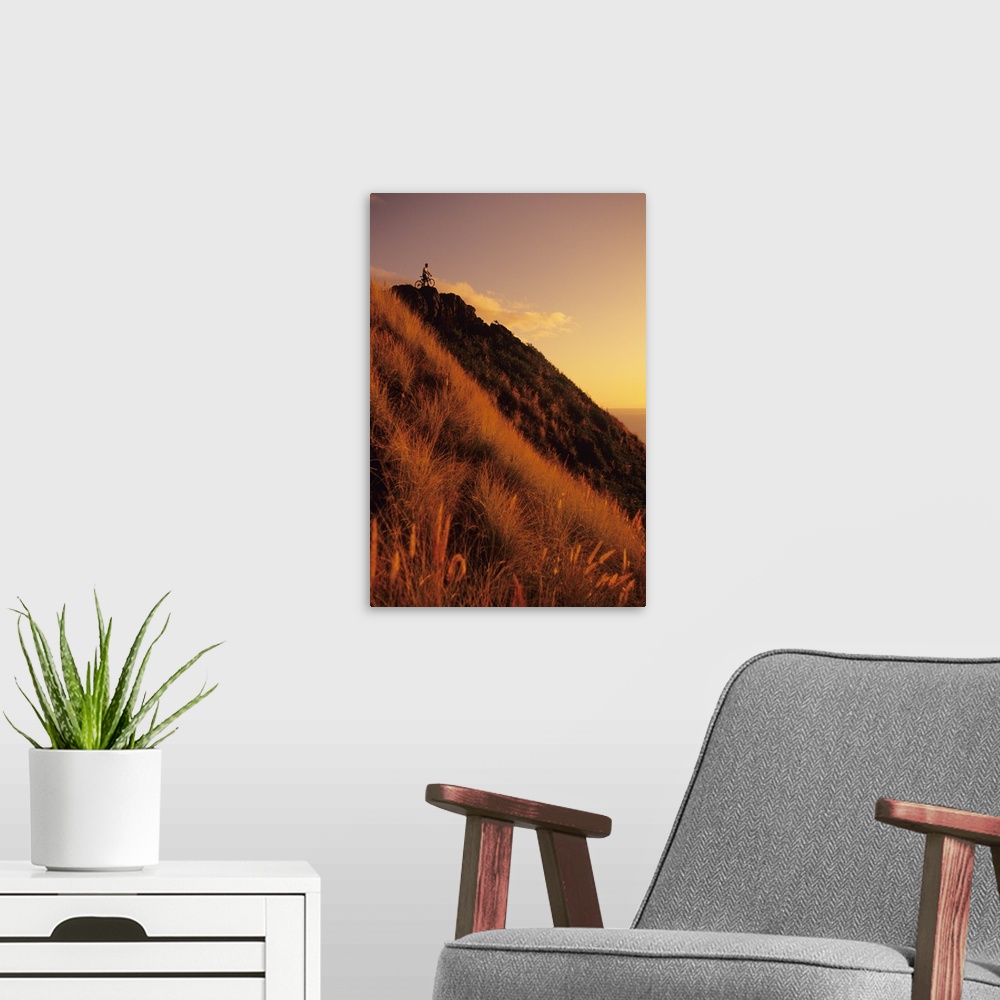 A modern room featuring Oahu, Lanikai, Mountain Biker At Top Of A Hill At Sunset