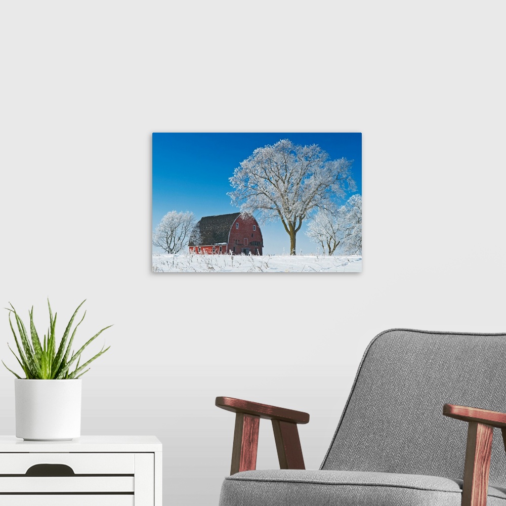 A modern room featuring Old Red Barn In Winter, Near Oakbank, Manitoba, Canada