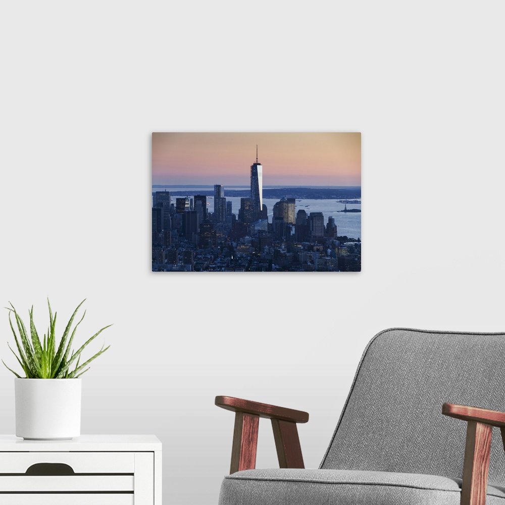 A modern room featuring One World Trade Center, New York City, New York