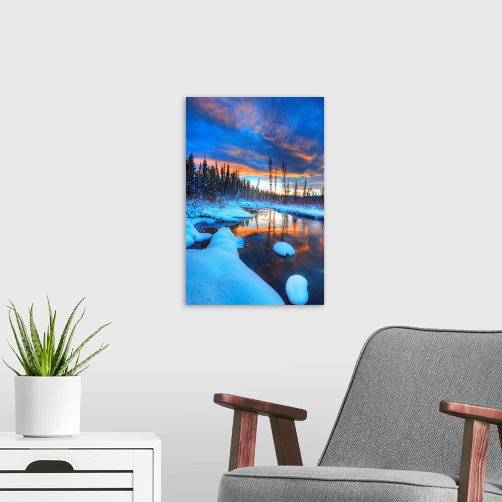 A modern room featuring Orange Clouds At Sunset And Little Hazel Creek, Yukon, Canada
