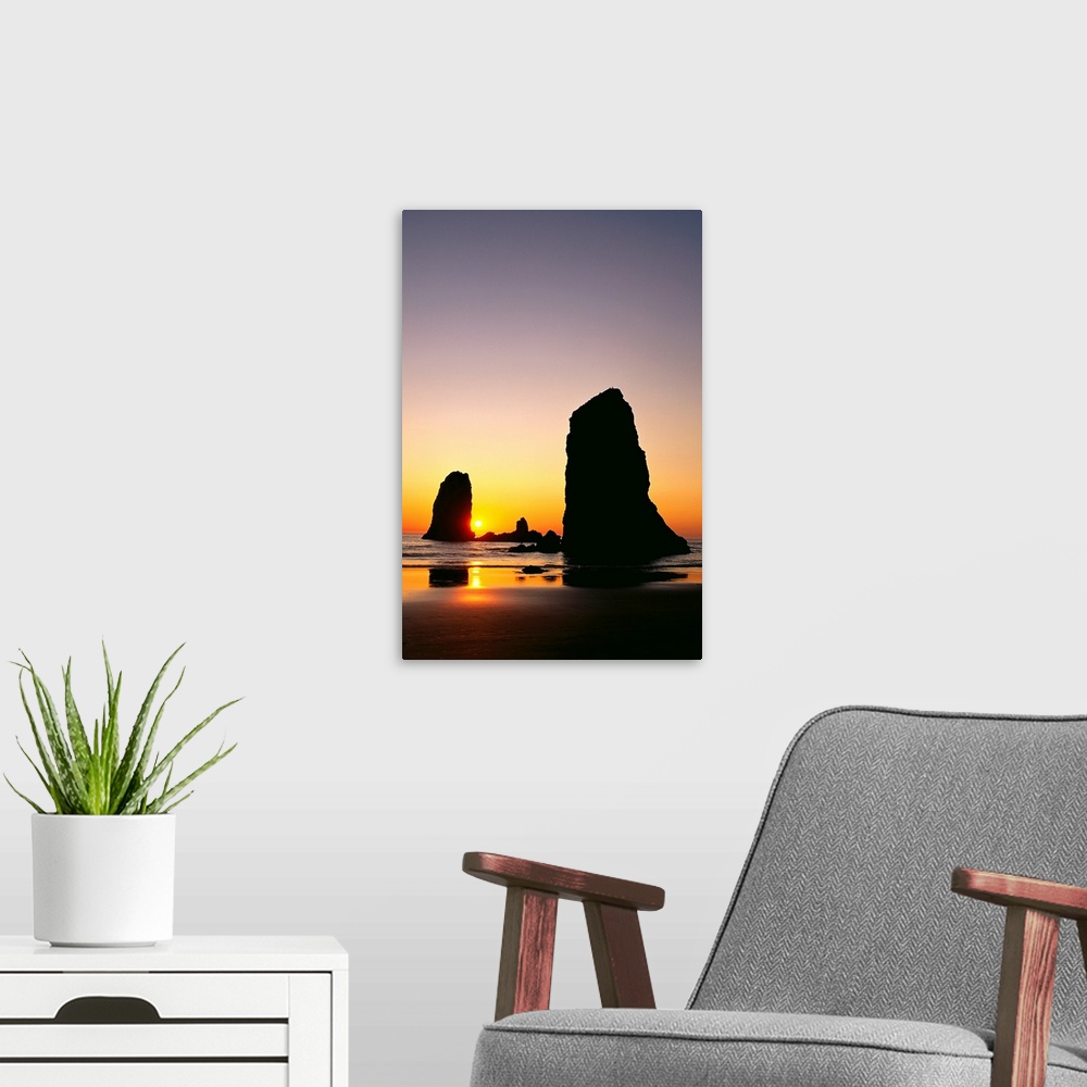 A modern room featuring Oregon, Cannon Beach, Sea Stacks At Sunset