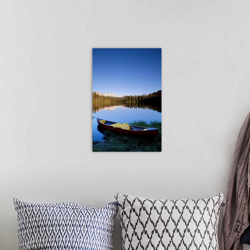 A bohemian room featuring Oregon, Cascade Mountains, Canoe At Scott Lake, Three Sisters Mountain