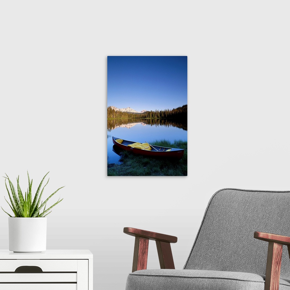 A modern room featuring Oregon, Cascade Mountains, Canoe At Scott Lake, Three Sisters Mountain