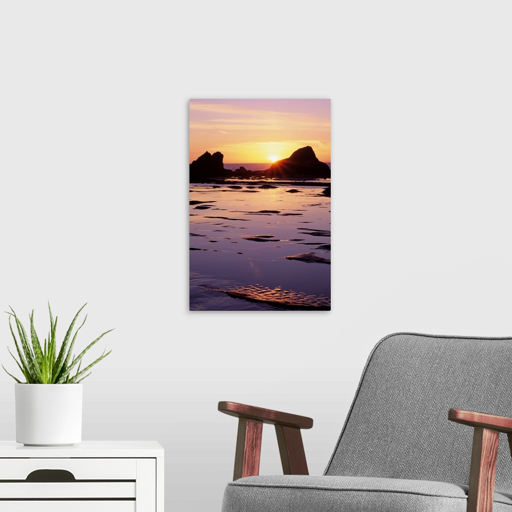 A modern room featuring Oregon, Seal Rock, Sun Setting Over Rocks And Beautiful Reflections
