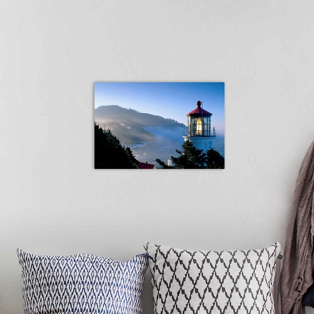 A bohemian room featuring Landscape, close up photograph of the top of Heceta Head Lighthouse, overlooking the coastline as...