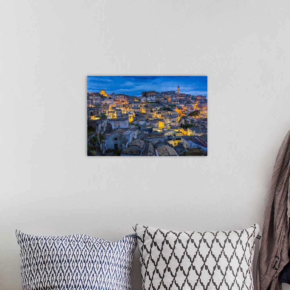 A bohemian room featuring Overview of Matera at Dusk, Basilicata, Italy