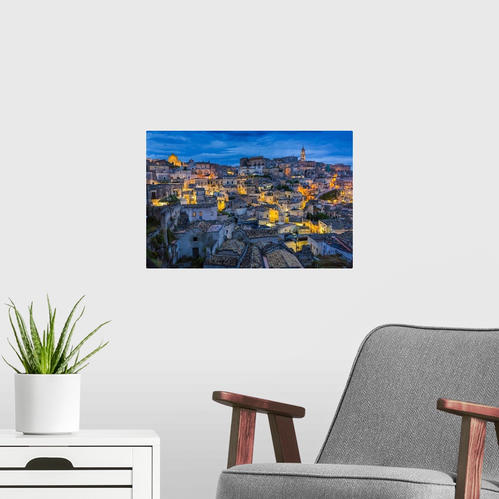 A modern room featuring Overview of Matera at Dusk, Basilicata, Italy