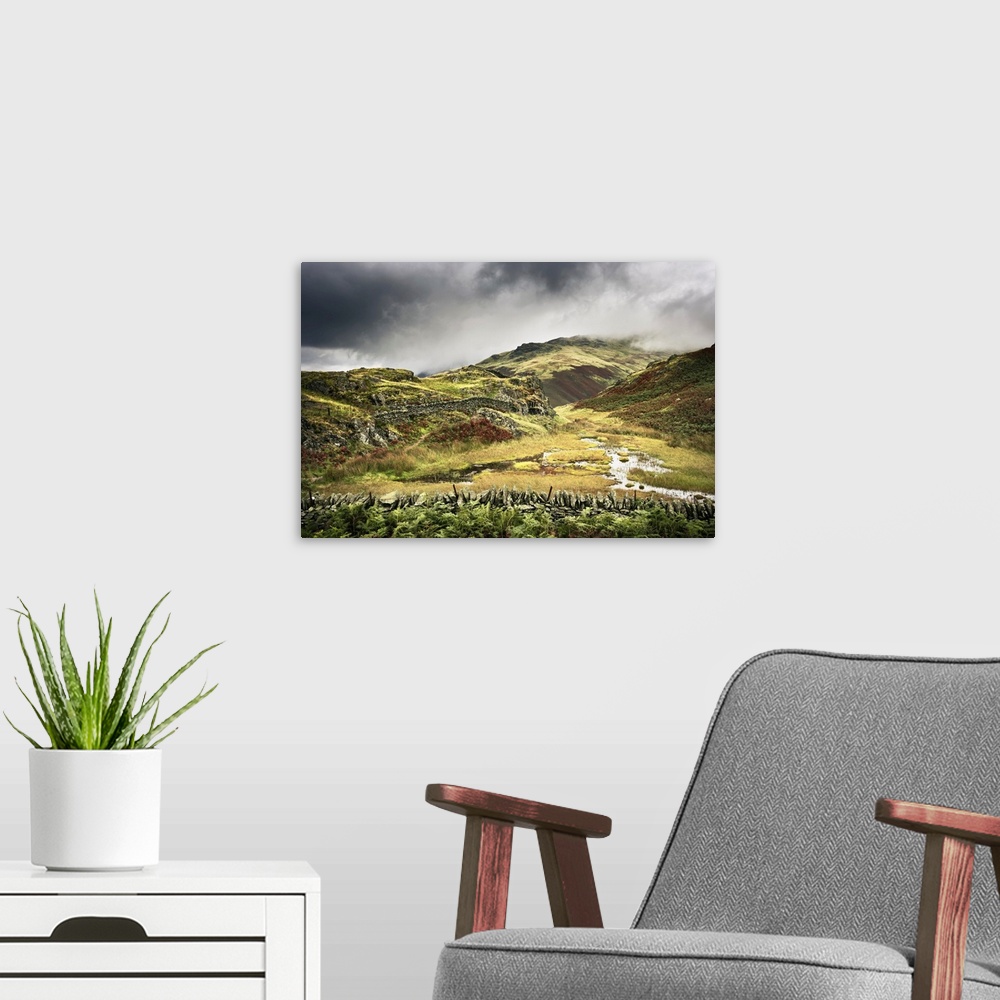 A modern room featuring Overview of Moorland, Alcock Tarn, Grasmere, Lake District, Cumbria, England