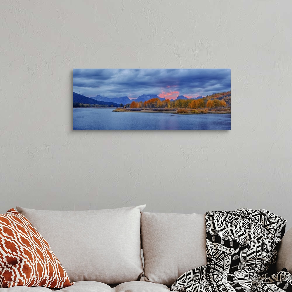A bohemian room featuring Oxbow Bend on Snake River with Mount Moran in Autumn at Sunset, Grand Teton Mountains, Grand Teto...