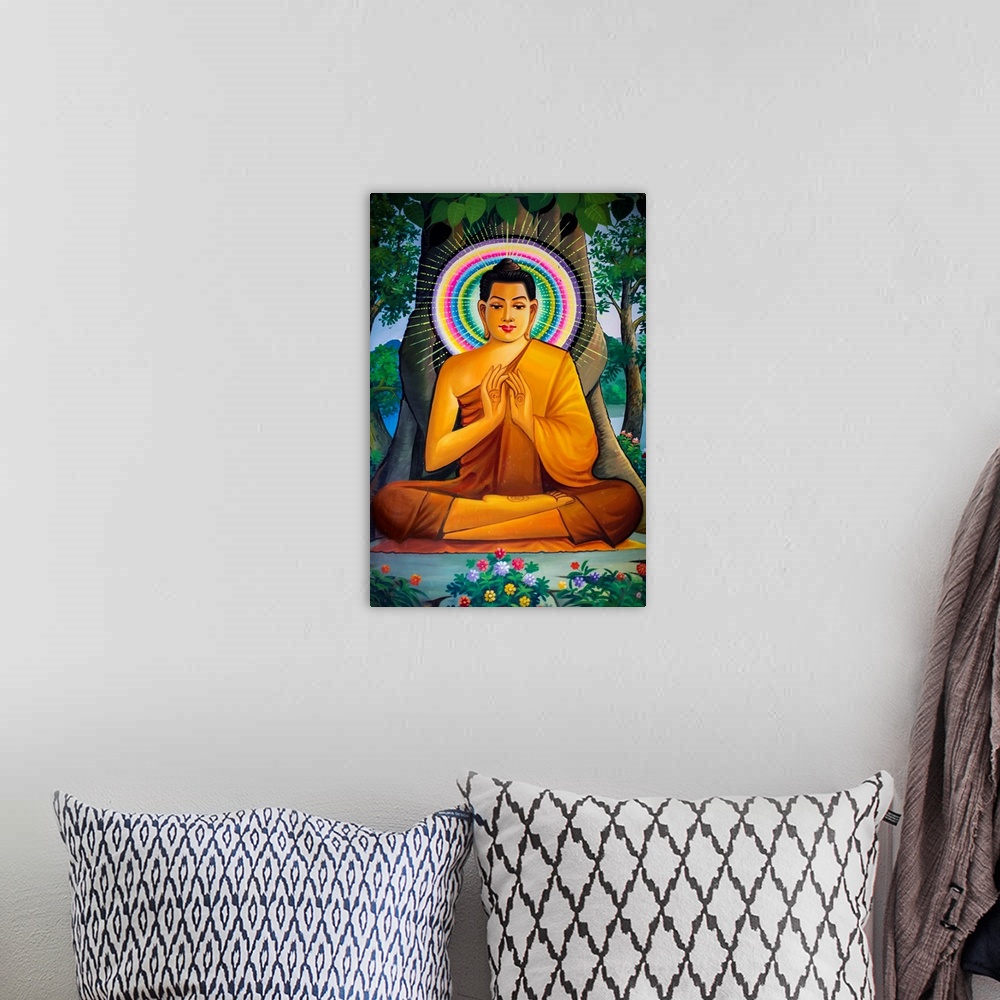 A bohemian room featuring Painting depicting a sitting Buddha in Wat Than.