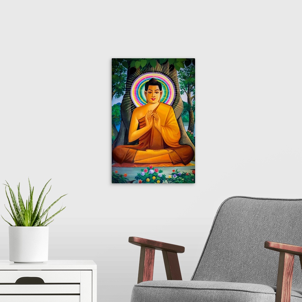 A modern room featuring Painting depicting a sitting Buddha in Wat Than.