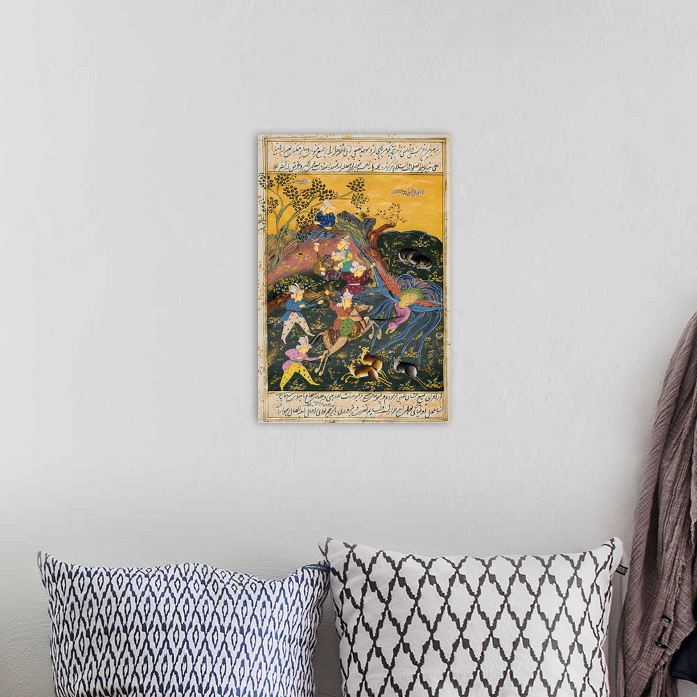 A bohemian room featuring Painting From 17Th Century Persian Manuscript Hunting Scene.