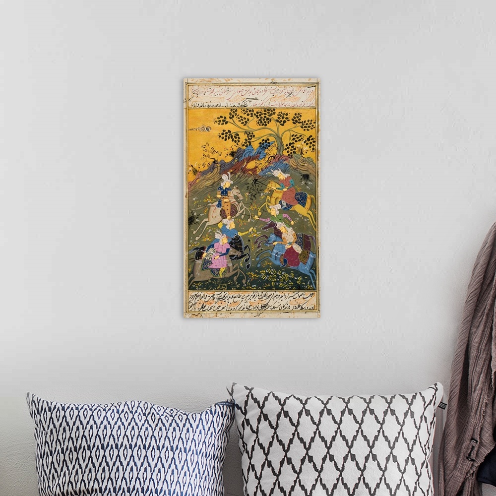 A bohemian room featuring Painting From 17Th Century Persian Manuscript Men On Horseback Apparantly Playing Polo.