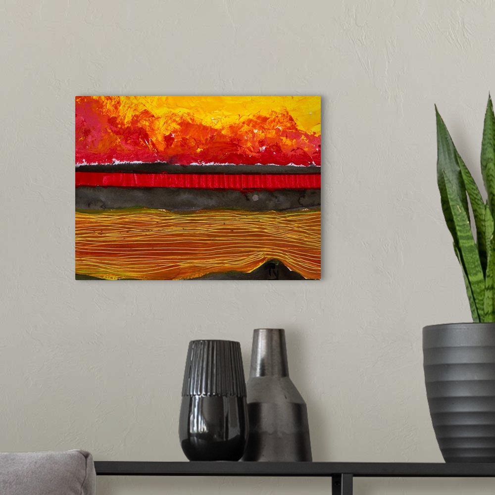 A modern room featuring Painting of a colourful sunset reflected in water and the horizon.