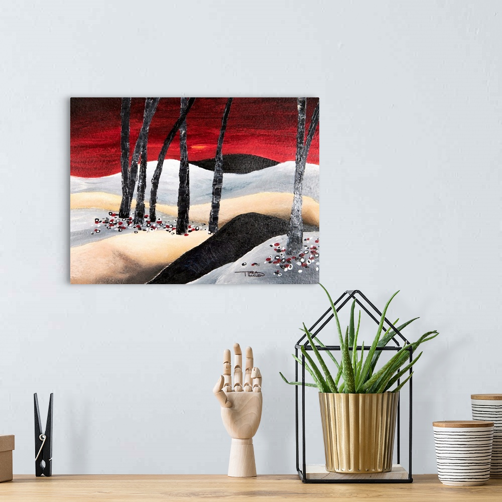 A bohemian room featuring Painting of a dramatic landscape with red sky