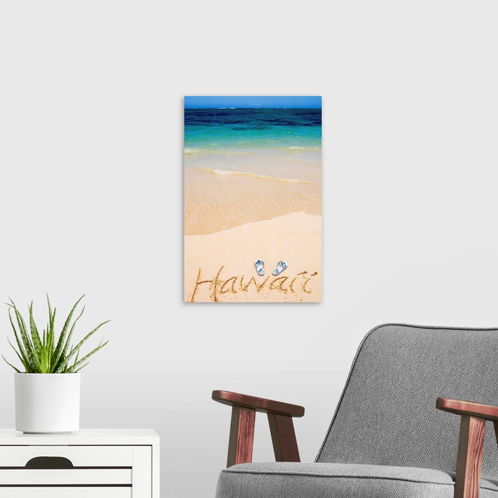A modern room featuring Pair Of Flipflops And Hawaii Written In The Sand, Gorgeous Blue Ocean