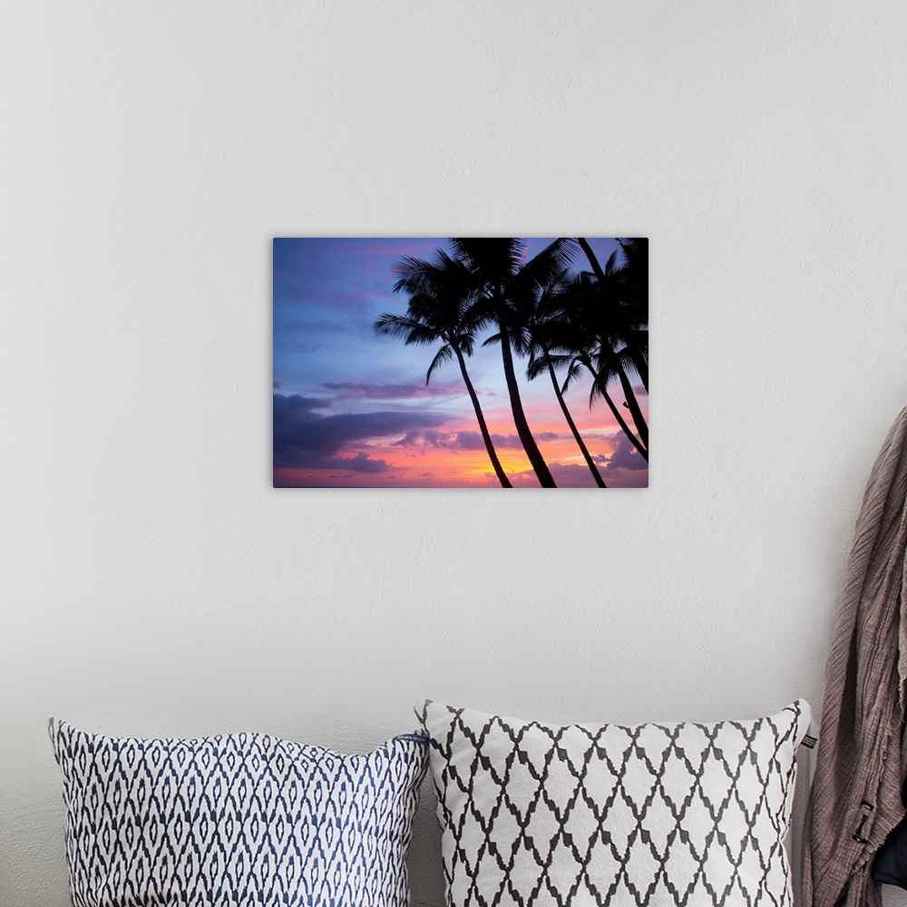 A bohemian room featuring Palm trees at sunset, Keawekapu Beach, Maui, Hawaii, USA