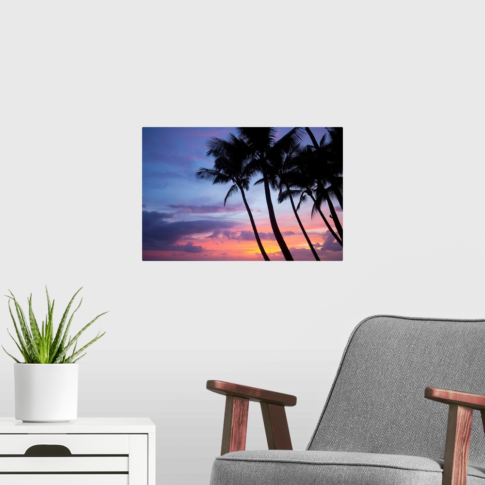A modern room featuring Palm trees at sunset, Keawekapu Beach, Maui, Hawaii, USA