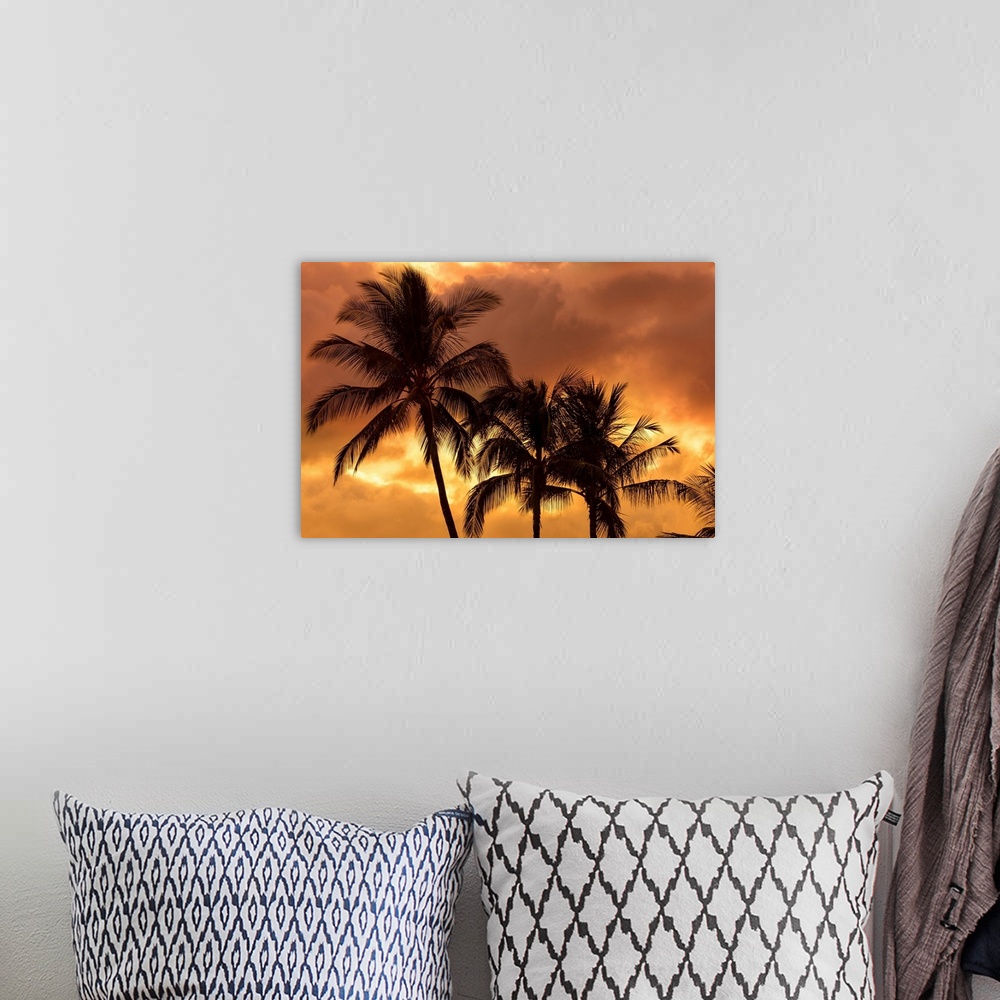 A bohemian room featuring Palm trees silhouetted in an orange sky; Wailea, Maui, Hawaii, United States of America