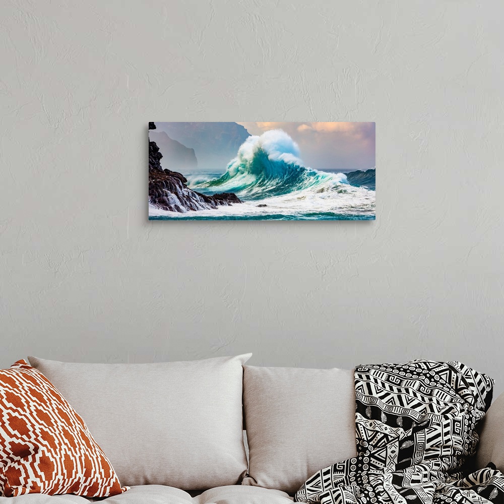 A bohemian room featuring Panorama of large waves crashing into the Na Pali coastline at Ke'e beach, Kauai, Hawaii, united ...