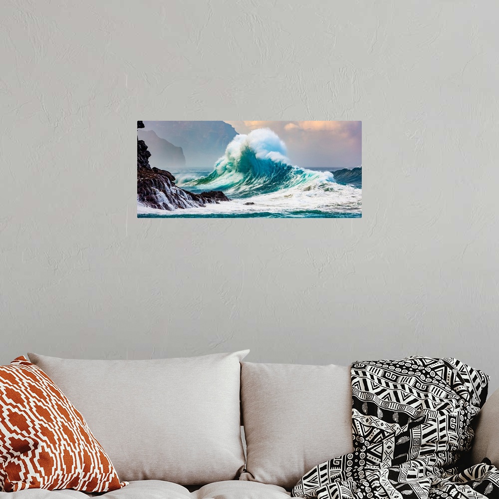 A bohemian room featuring Panorama of large waves crashing into the Na Pali coastline at Ke'e beach, Kauai, Hawaii, united ...