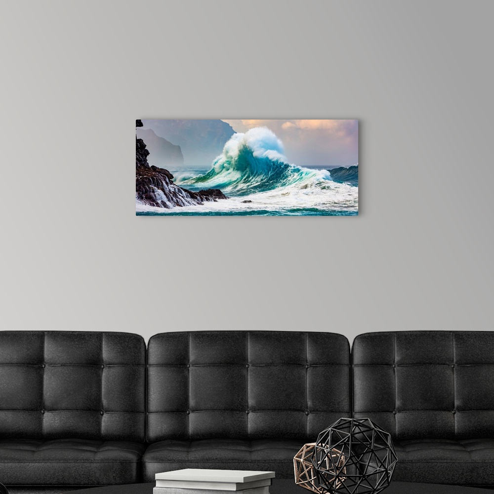A modern room featuring Panorama of large waves crashing into the Na Pali coastline at Ke'e beach, Kauai, Hawaii, united ...