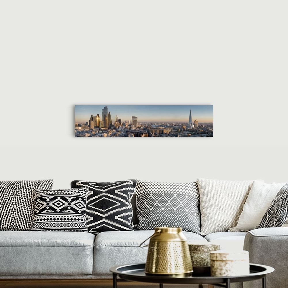 A bohemian room featuring Panoramic cityscape and skyline of London with The Shard, 20 Fenchurch and various other skyscrap...
