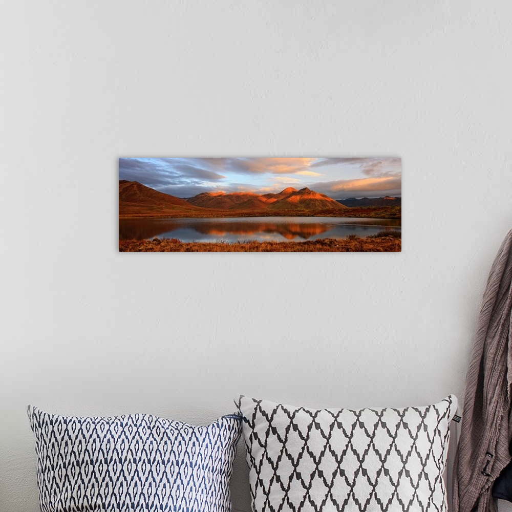 A bohemian room featuring Panoramic Of Sunrise Over Mount Adney Reflected In A Pond In Fall, Yukon, Canada