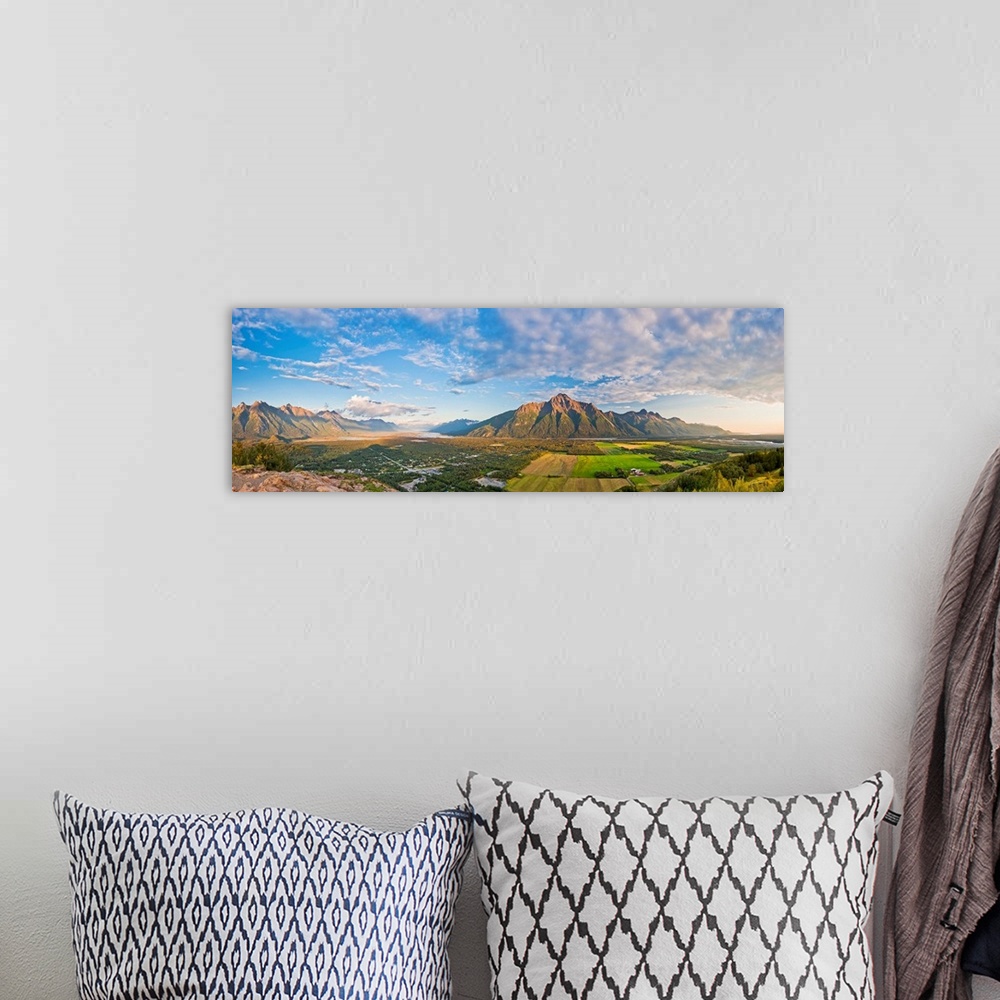A bohemian room featuring Panoramic view from the top of the Butte of Matanuska Peak, Pioneer Peak and the Knik River in th...