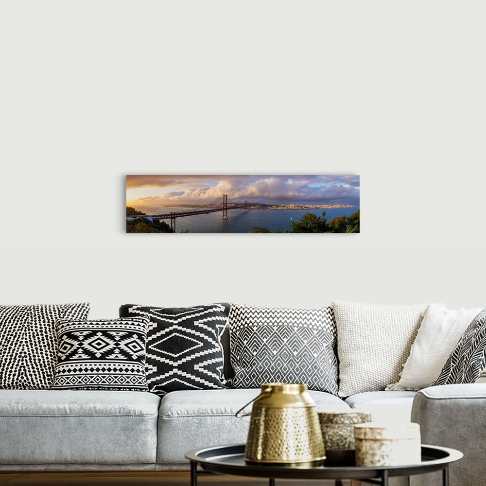 A bohemian room featuring Panoramic view of 25 de Abril Bridge at sunset and cityscape of Lisbon, Lisbon, Portugal