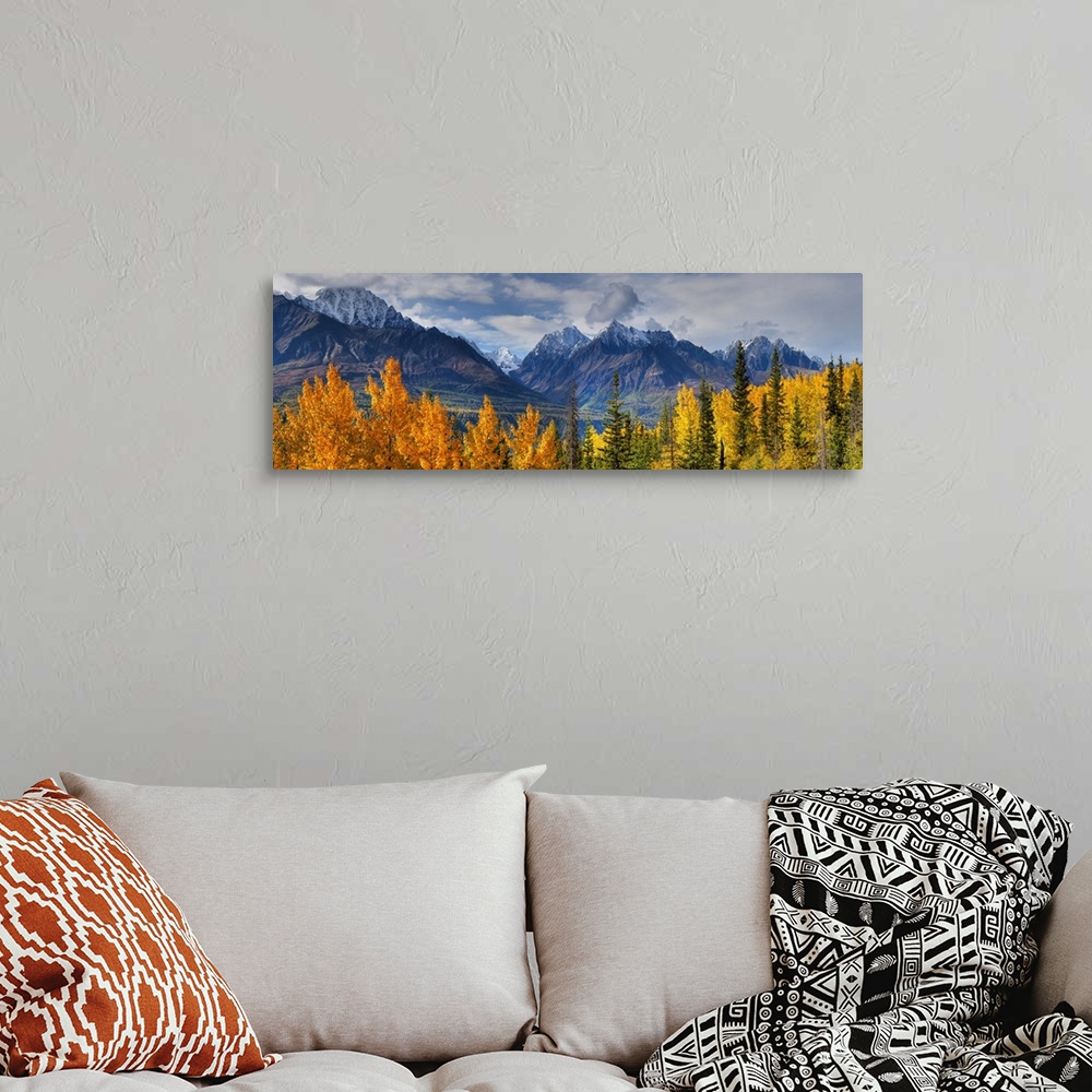 A bohemian room featuring Panoramic View Of The Fall Foliage And Snowcapped Chugach Mountains, Alaska