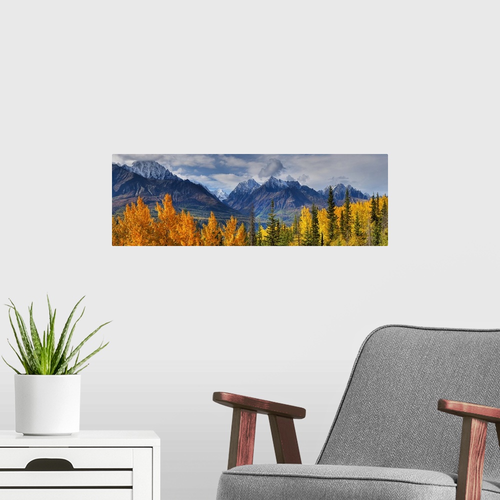 A modern room featuring Panoramic View Of The Fall Foliage And Snowcapped Chugach Mountains, Alaska
