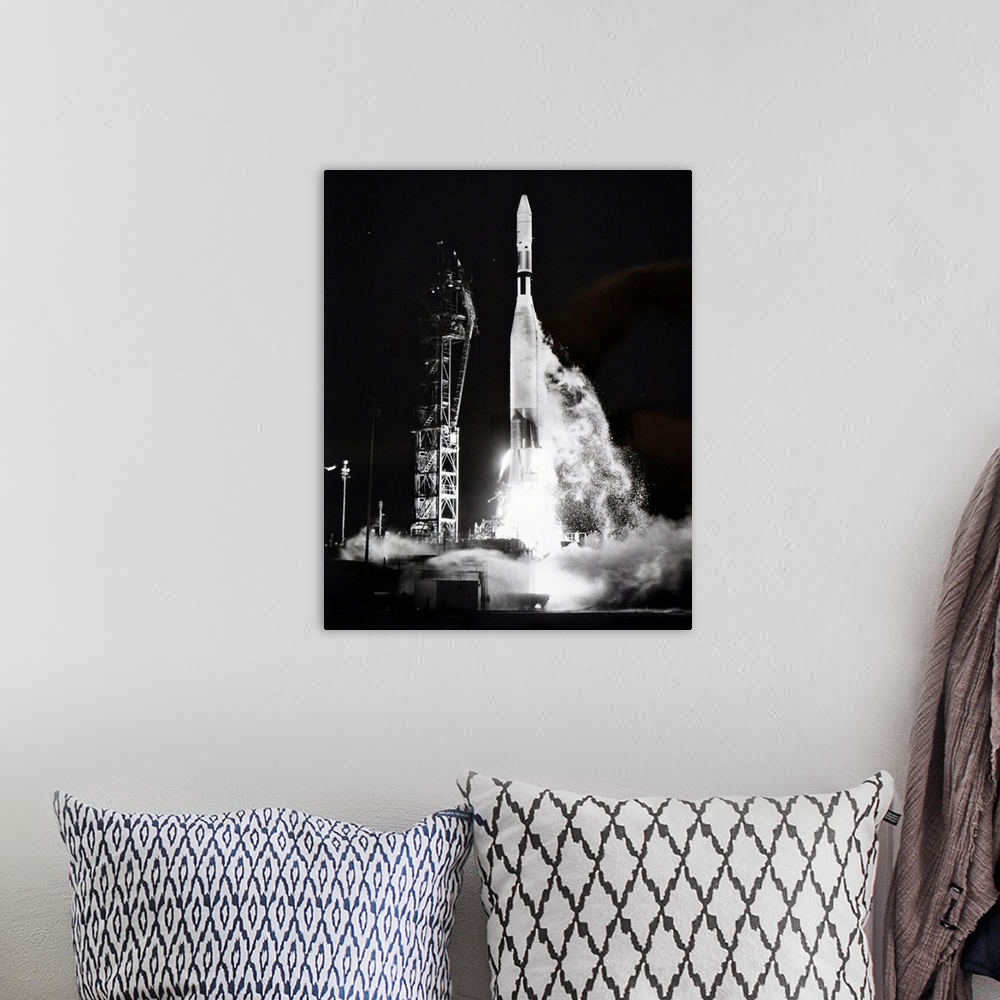 A bohemian room featuring Photograph taken during the launch an Orbiting Geophysical Observatory spacecraft. Dated 20th cen...