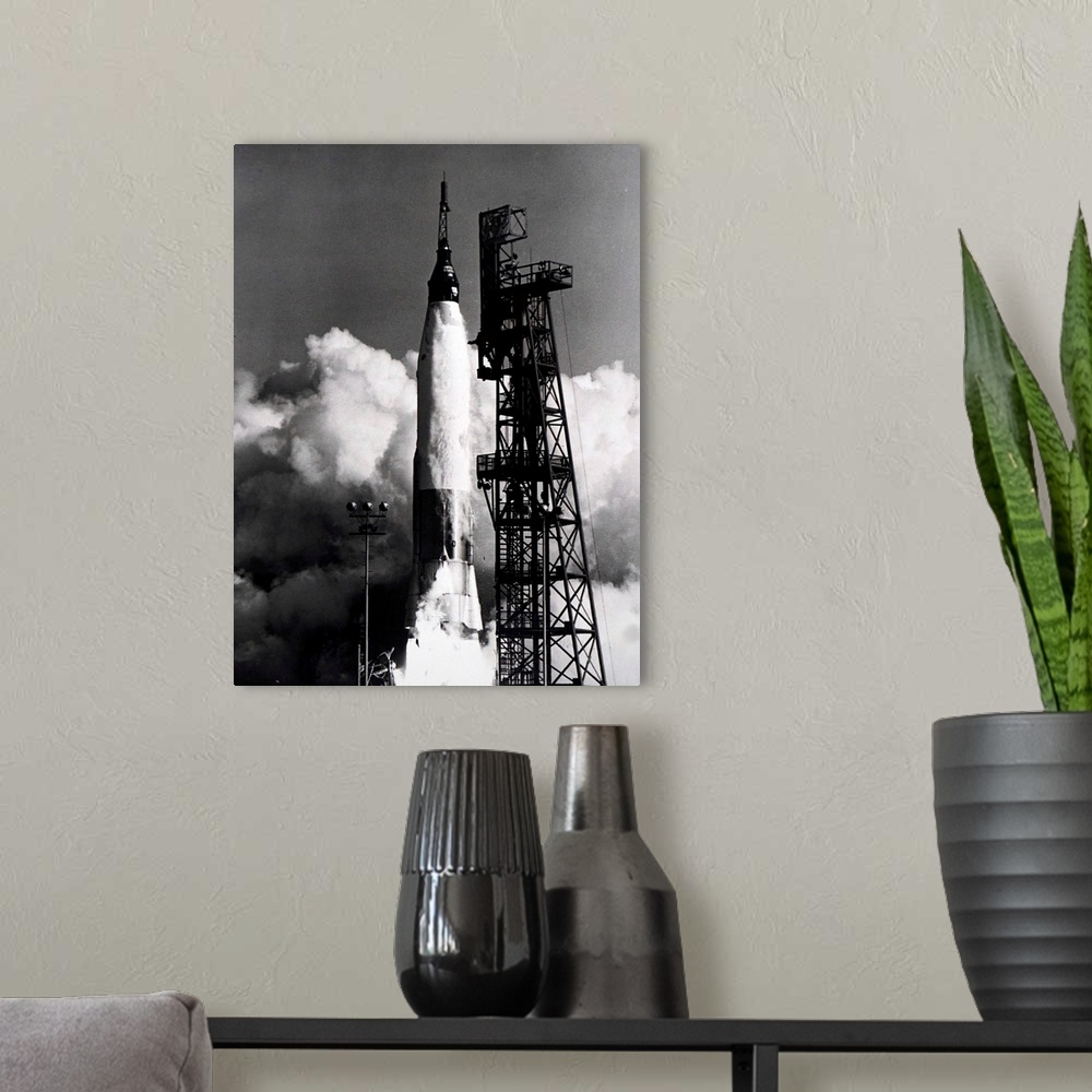 A modern room featuring Photograph taken during the launch of Mercury-Atlas 8. Dated 20th century.