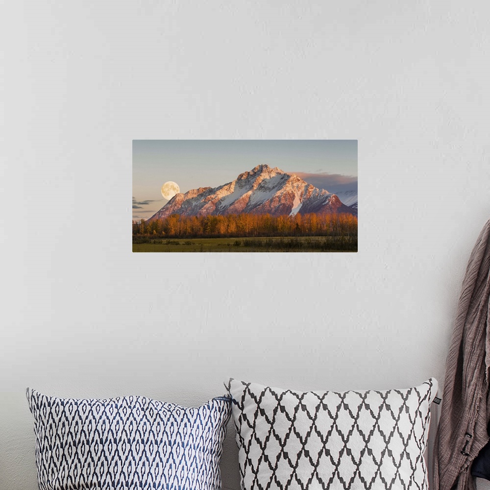 A bohemian room featuring Scenic sunset view of Pioneer Peak with the full moon rising over the Palmer Hay Flats, Alaska, A...