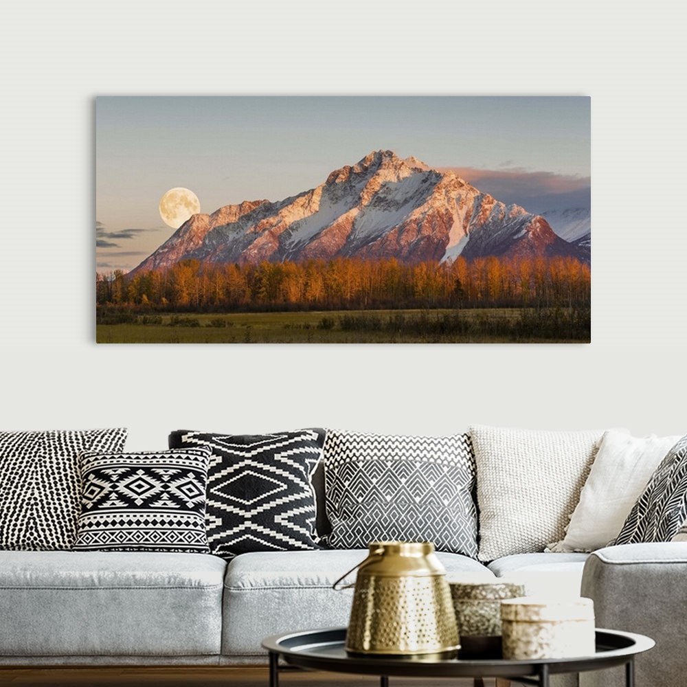 A bohemian room featuring Scenic sunset view of Pioneer Peak with the full moon rising over the Palmer Hay Flats, Alaska, A...