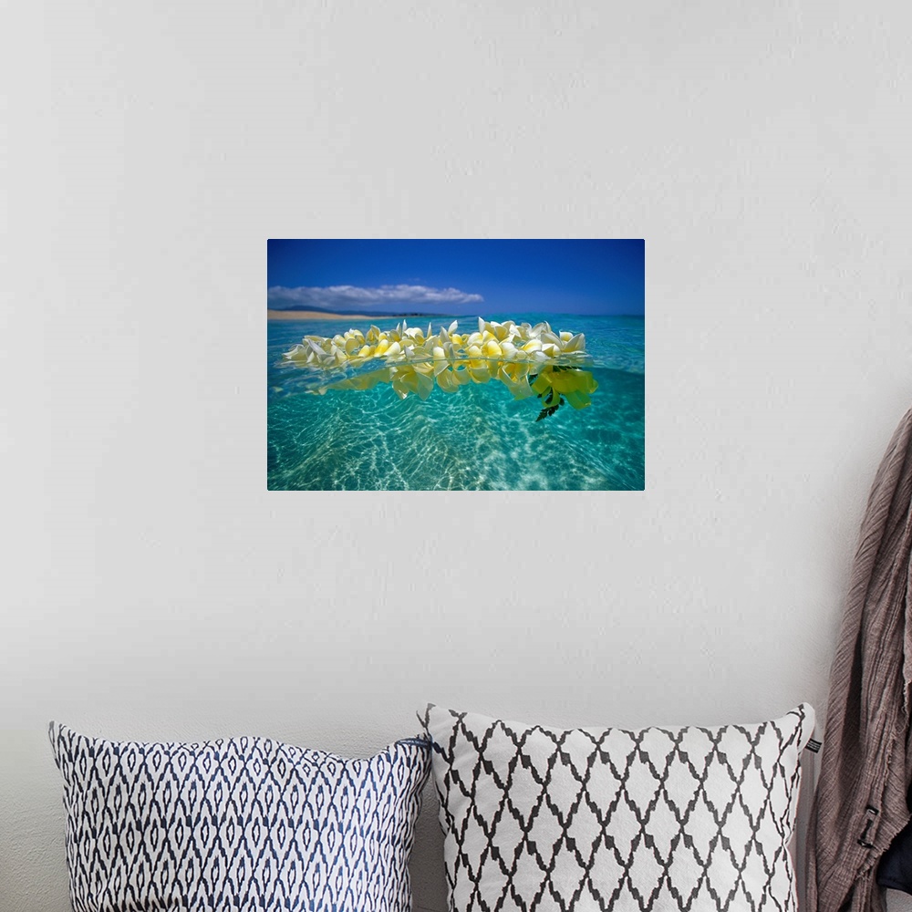 A bohemian room featuring Horizontal photograph on a large wall hanging of a lei of golden plumeria flowers, floating on cl...