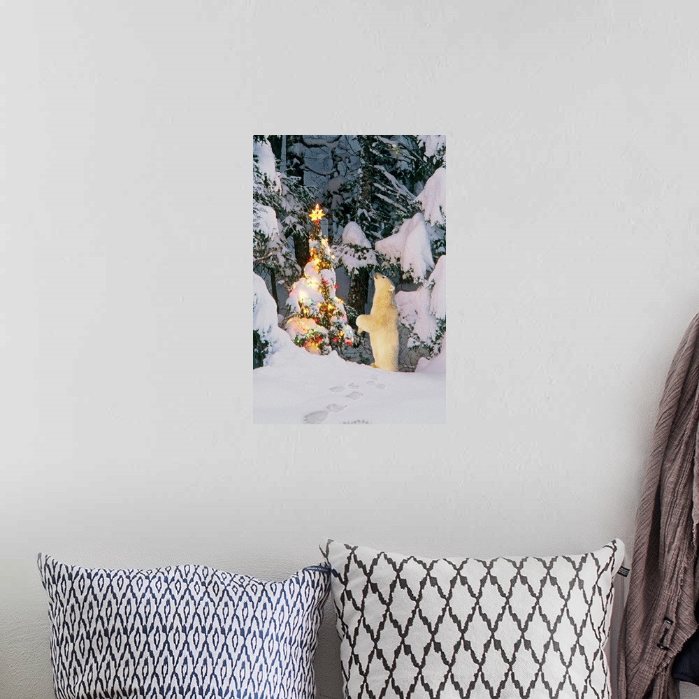 A bohemian room featuring This vertical nature photograph is a nature composite of a young animal investigating a decorated...