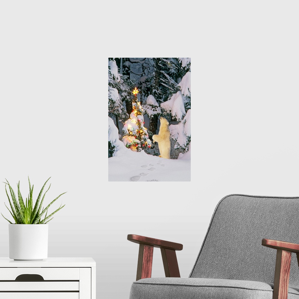 A modern room featuring This vertical nature photograph is a nature composite of a young animal investigating a decorated...