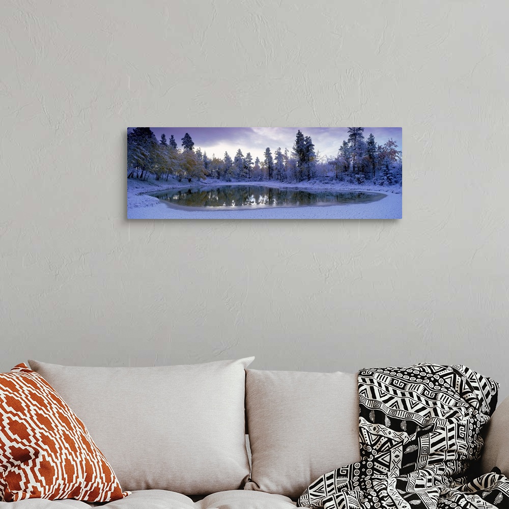 A bohemian room featuring Pond And Fresh Snowfall, Near 70 Mile House, British Columbia, Canada