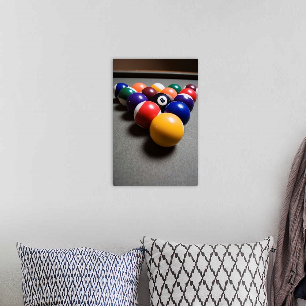 A bohemian room featuring Pool Balls On A Billiard Table With The Eight Ball Facing Upwards