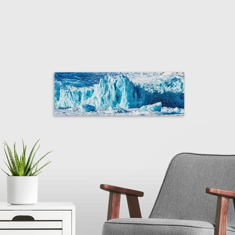 A modern room featuring Panorama view of the Portage Glacier moraine and frozen lake, Chugach National Forest, Alaska.