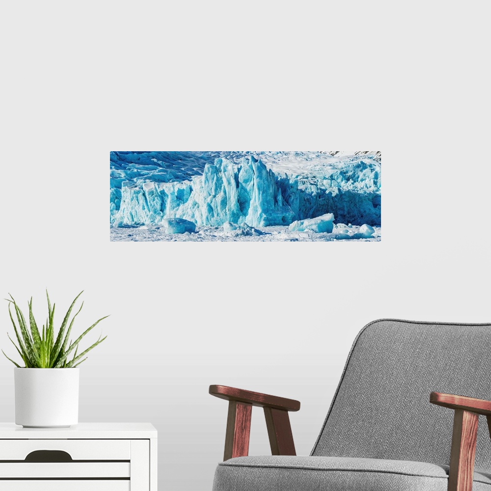 A modern room featuring Panorama view of the Portage Glacier moraine and frozen lake, Chugach National Forest, Alaska.