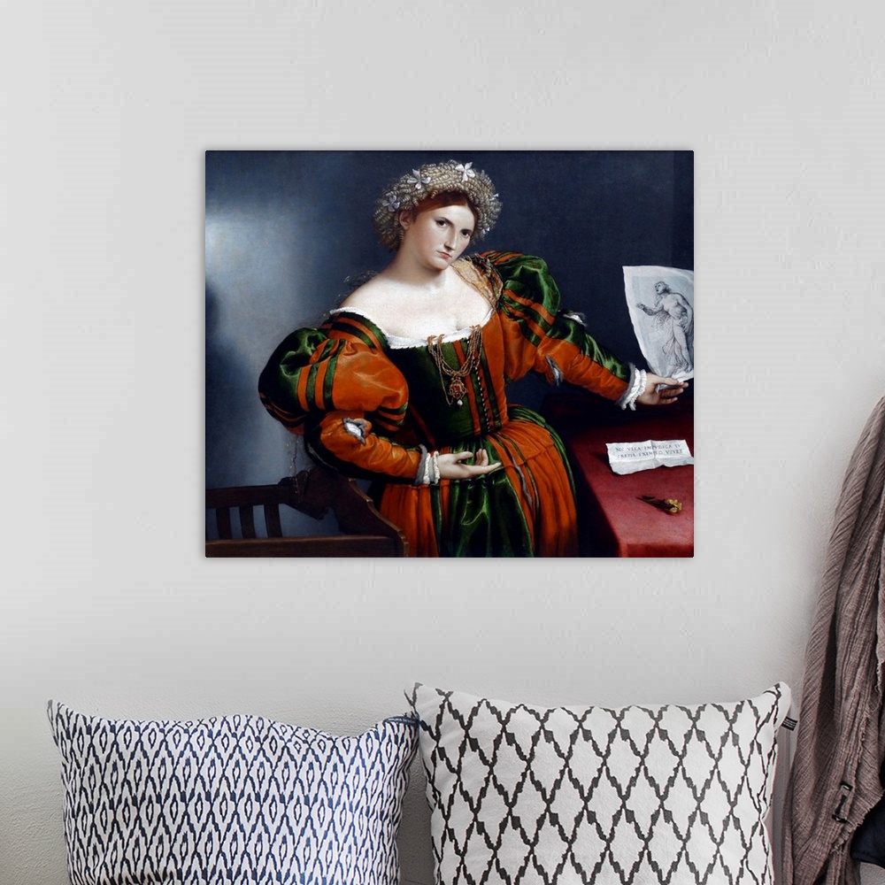 A bohemian room featuring Portrait of a Woman inspired by Lucretia' by Lorenzo Lotto, Italian painter, draughtsman and illu...