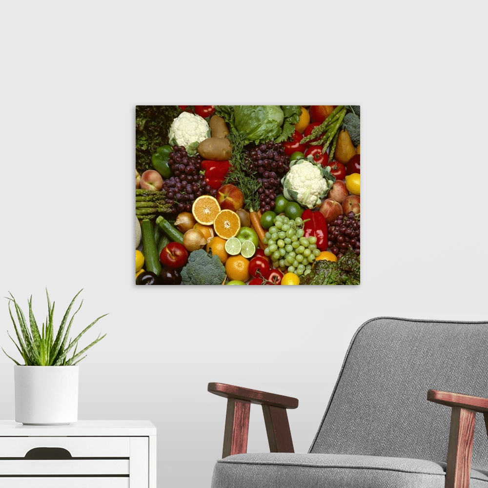 A modern room featuring Produce, Spread of mixed fruits and vegetables