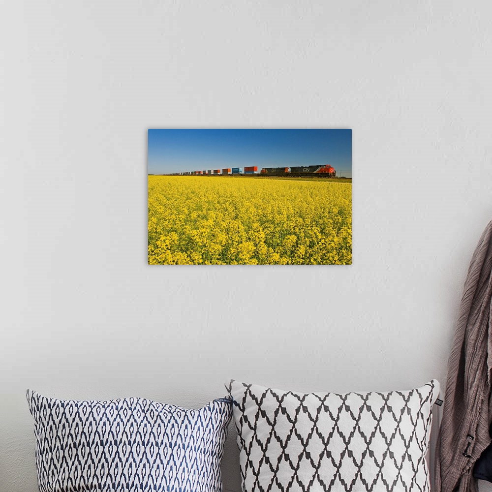 A bohemian room featuring Rail Cars Carrying Containers Passe A Canola Field, Manitoba, Canada