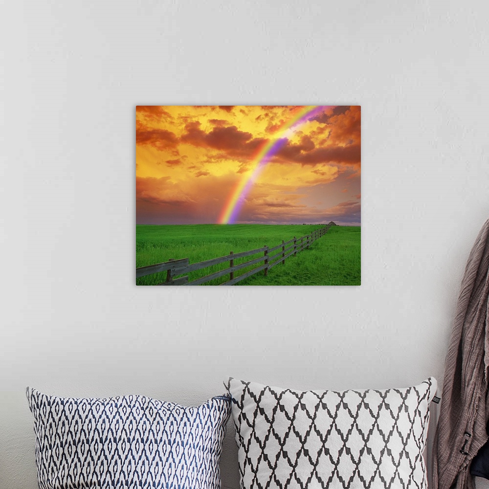 A bohemian room featuring Rainbow In Country Field With Gold Clouds
