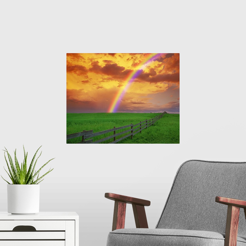 A modern room featuring Rainbow In Country Field With Gold Clouds